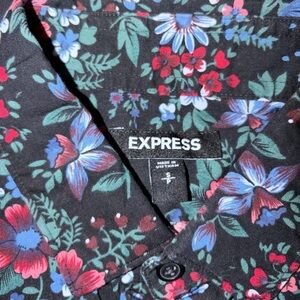 Express Men's Black Shirt with Red and Blue Floral Design